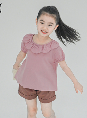 文艺儿童装26新款夏季女童衬衫全棉浅紫色花边领短袖上衣916+950