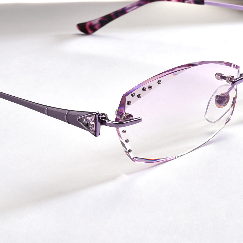 无框切边眼镜架女圆脸镶钻石近视眼镜女可配度数超轻薄成品钛架