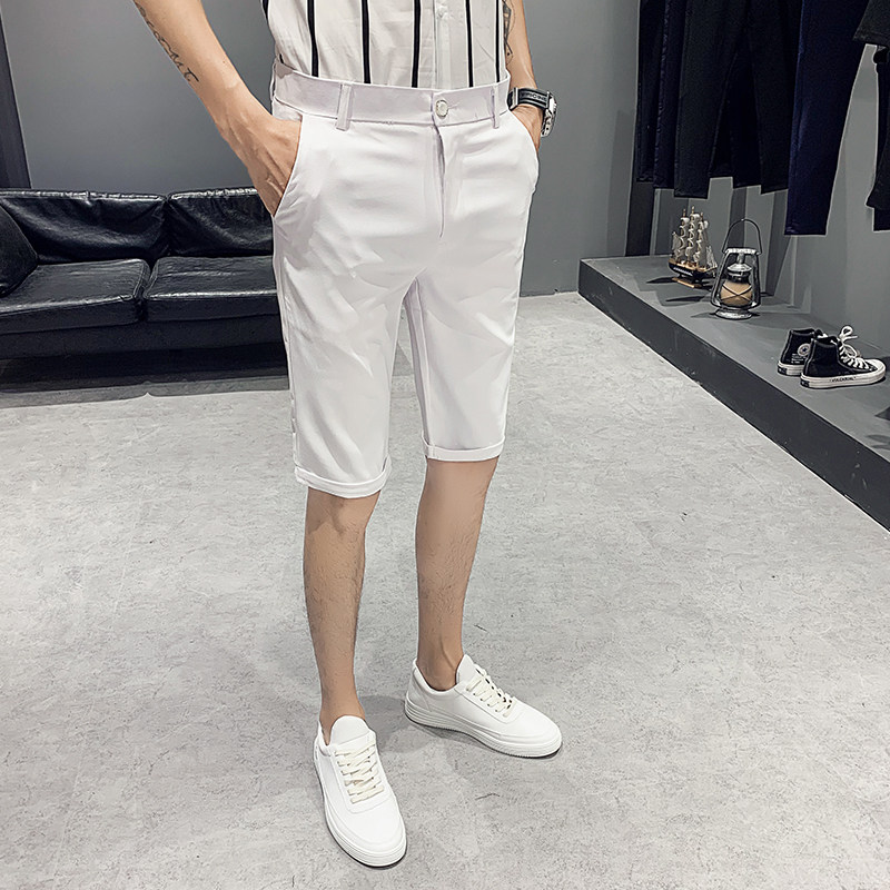 夏季韓版男士免燙修身五分休閑褲時尚潮流黑白純色彈力中褲薄款短在類目 男裝, 休閒褲中 - 來自Buy2taobao.com提供專業的淘寶代購服務