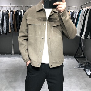 2023秋冬新款男士翻领韩版修身羊毛夹克青年纯色工装保暖毛呢外套