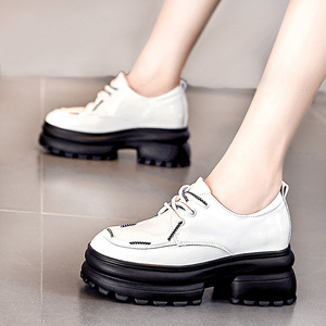 小个子增高皮鞋女防滑防水台真皮软面学院风英伦厚底系带深口单鞋