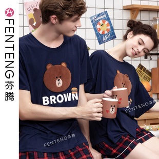 芬腾睡衣男夏季薄款纯棉短袖套头可爱卡通情侣全棉女款夏天家居服