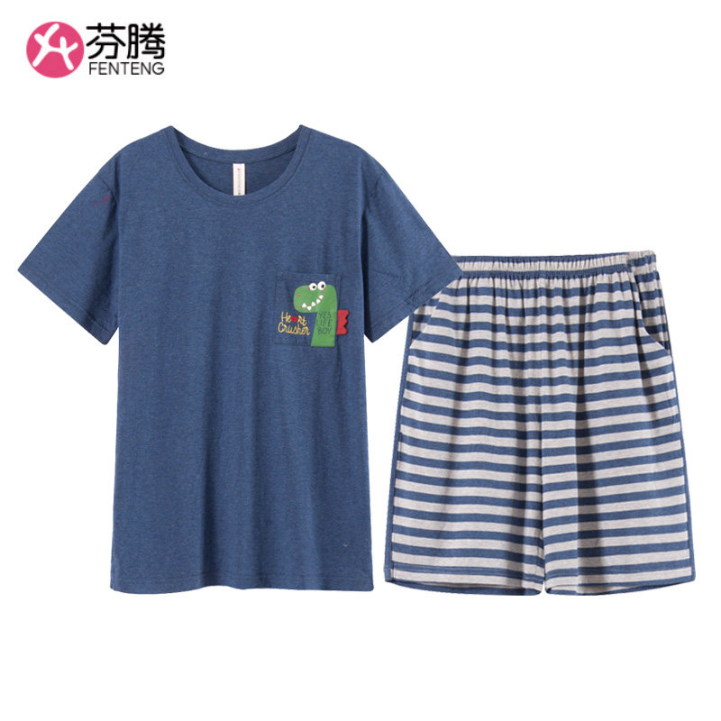 芬腾睡衣男夏季纯棉全棉薄款短袖短裤套装学生休闲运动家居服外穿