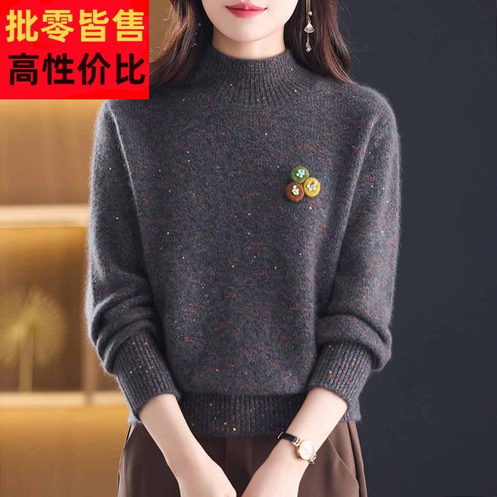 时尚加厚保暖%纯羊绒衫女半高领宽松毛衣花纱洋气减龄打底上衣