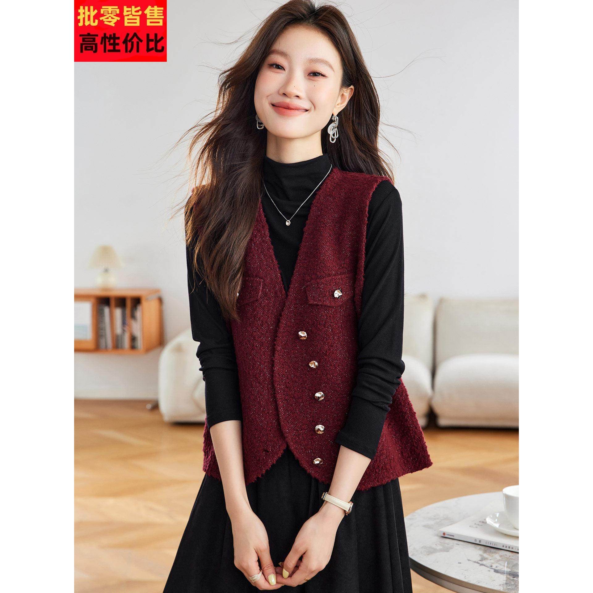 小香风无袖马甲女红色2025新款秋季针织叠穿背心时尚马夹外套上衣