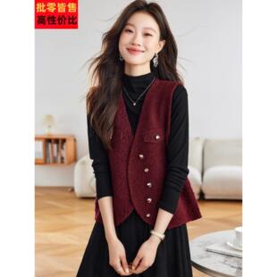 小香风无袖马甲女红色2025新款秋季针织叠穿背心时尚马夹外套上衣