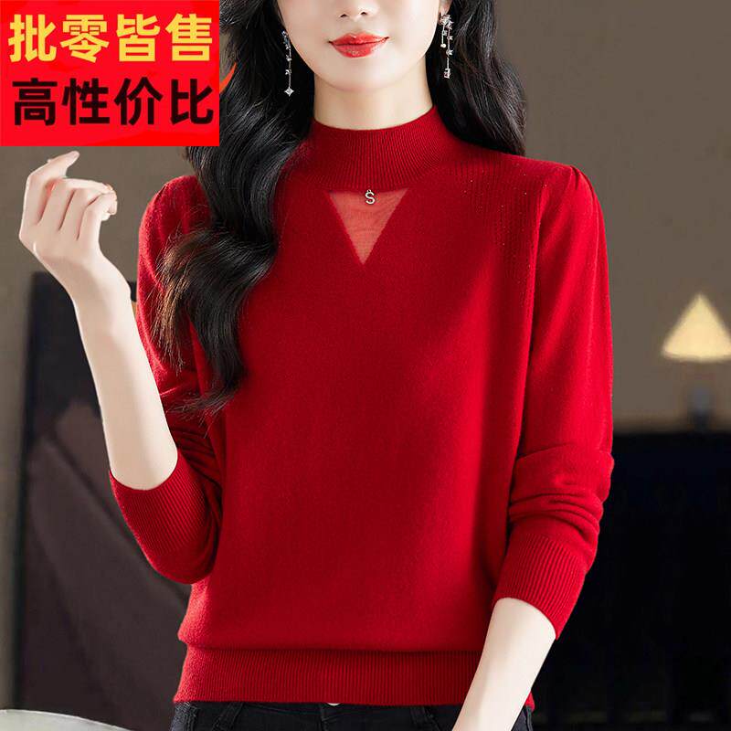 秋冬半高领毛衣纯羊毛衫女新款宽松洋气妈妈蕾丝镂空打底衫厚