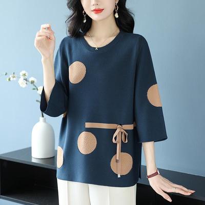 中老年妈妈春秋装针织衫七分袖女t恤时尚加肥加大码遮肚蚕丝上衣