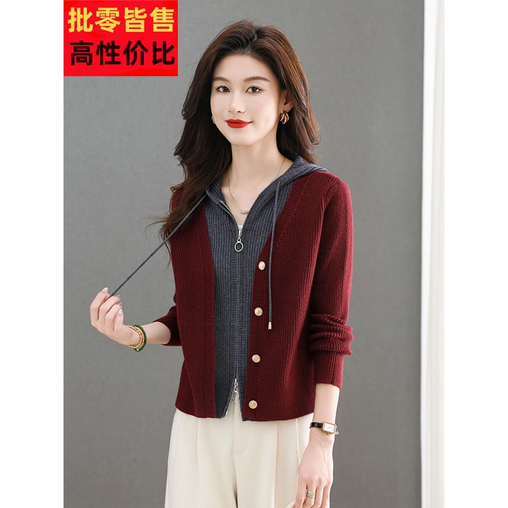 假两件上衣的妇女,时尚和时尚的短连帽毛衣夹克春季2025新热风格
