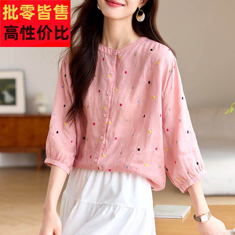 苎麻刺绣短袖女装t恤2025新款夏季亚麻白色短款棉麻宽松显瘦上衣