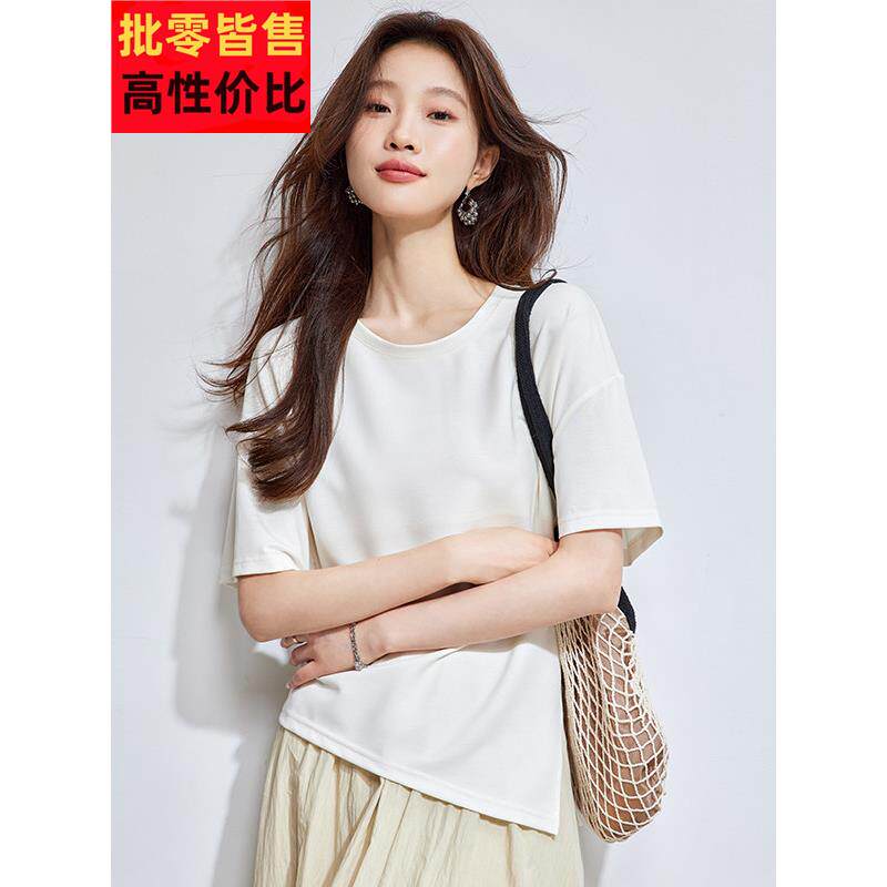 2025夏装新款真丝白色短袖衬衫女短款t恤开叉薄款轻奢高级感上衣