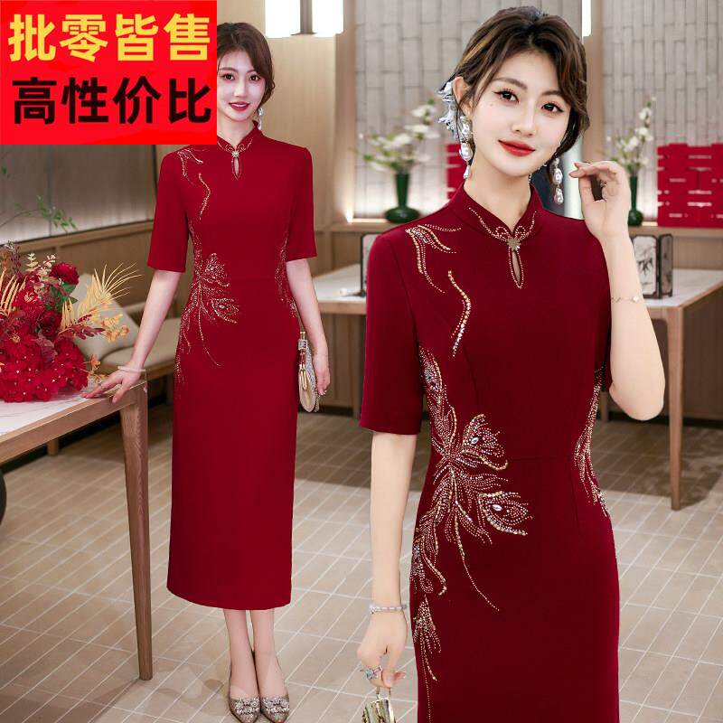 喜婆婆中式五分袖旗袍女婚宴礼服修身显瘦妈妈装高端气质连衣裙