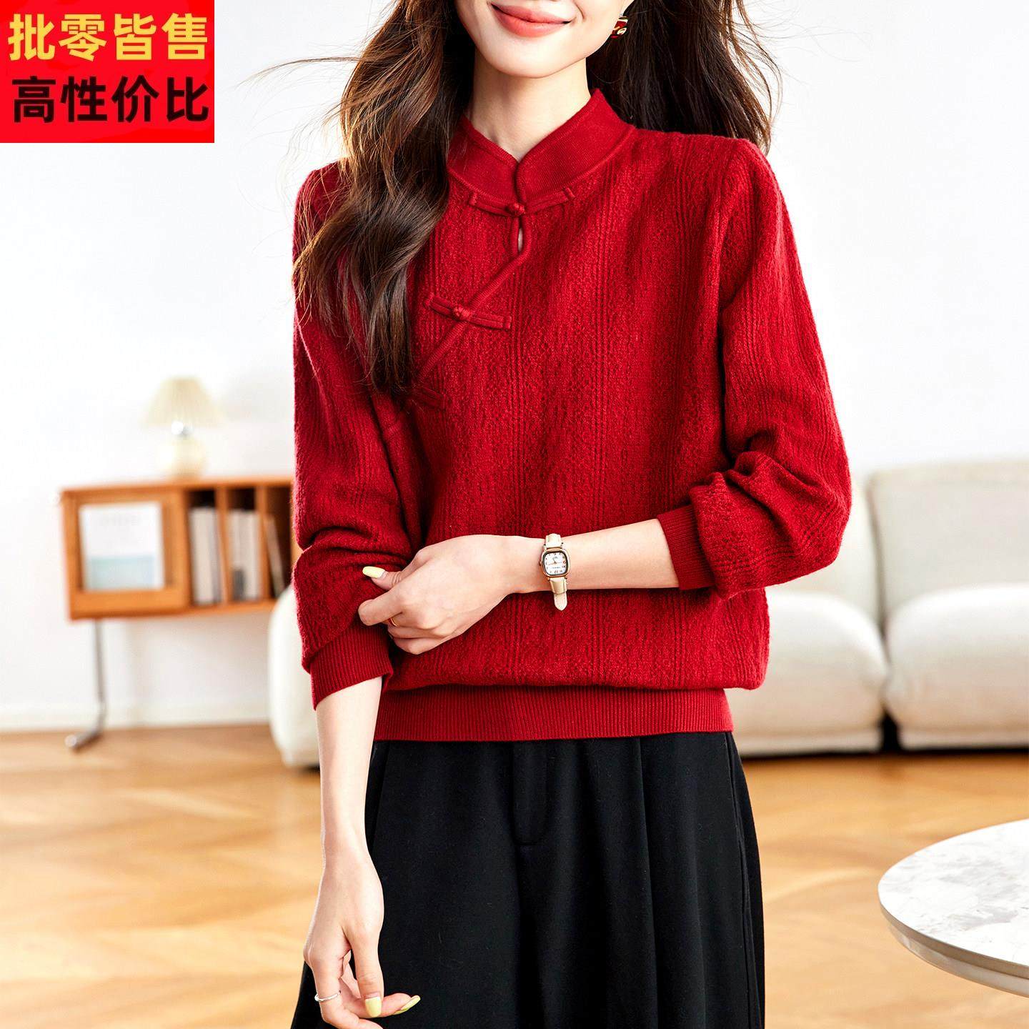 2025春秋季新款半高领针织衫女装短款上衣薄款宽松红色毛衣打底衫