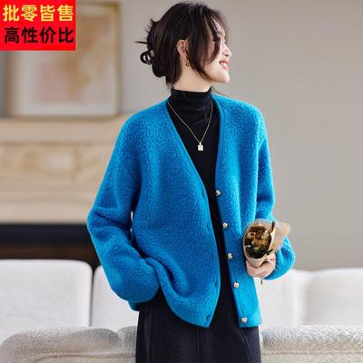 纯绵羊毛针织开衫女短款颗粒绒外套2025秋冬新款今年流行爆款上衣