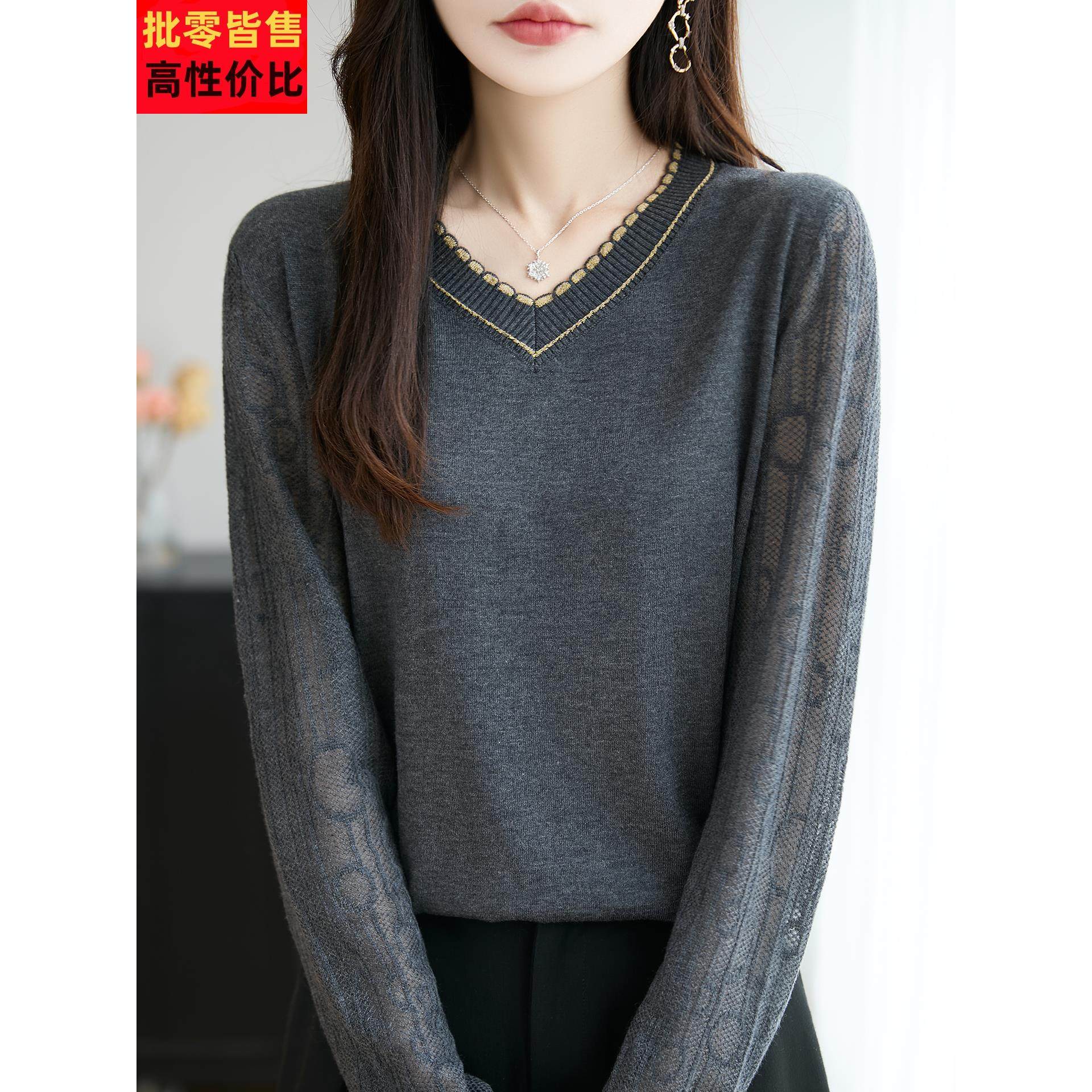 微胖mm春秋大码毛衣女遮肚子巨显瘦蕾丝上衣内搭可外穿针织打底衫