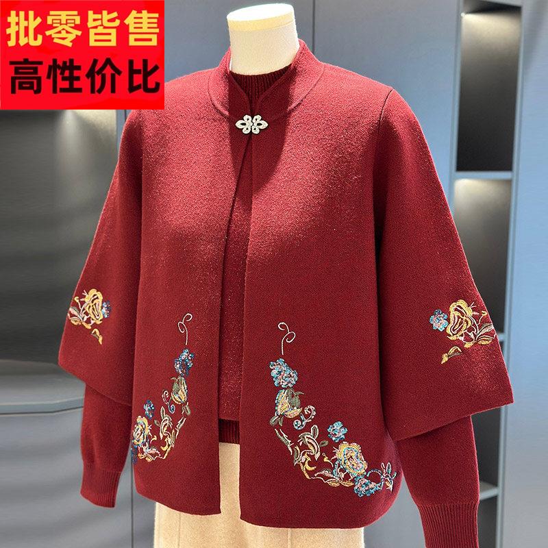 中老年刺绣针织加绒两件套女冬装新款奶奶上衣大尺码妈妈装毛衣套