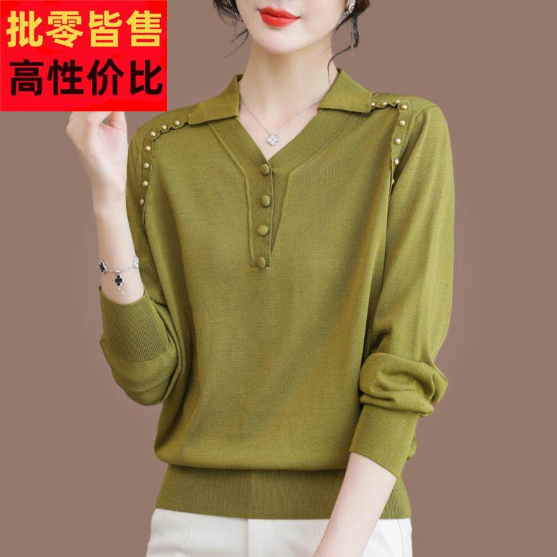 春装2025新款翻领大尺码长袖T恤女薄款上衣妈妈洋派针织打底衫外
