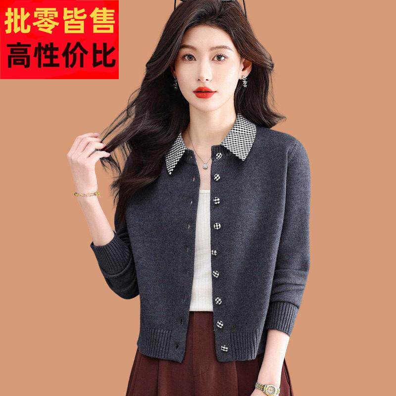美式灰色polo领假两件长袖针织开衫女秋冬季格子高腰短款毛衣上衣