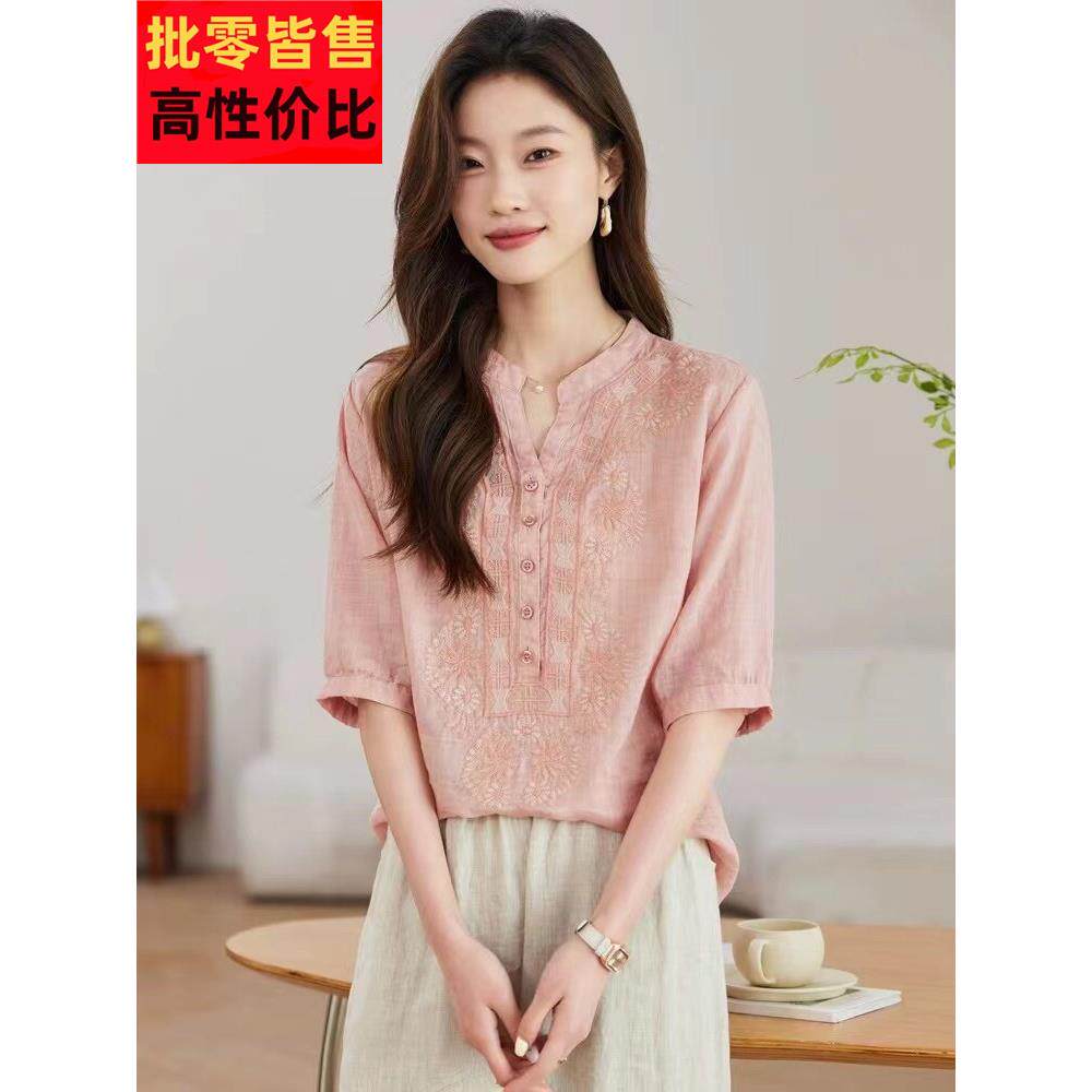 棉麻亚麻上衣女品牌高端苎麻刺绣半袖女五分袖衬衫t恤女2025新款