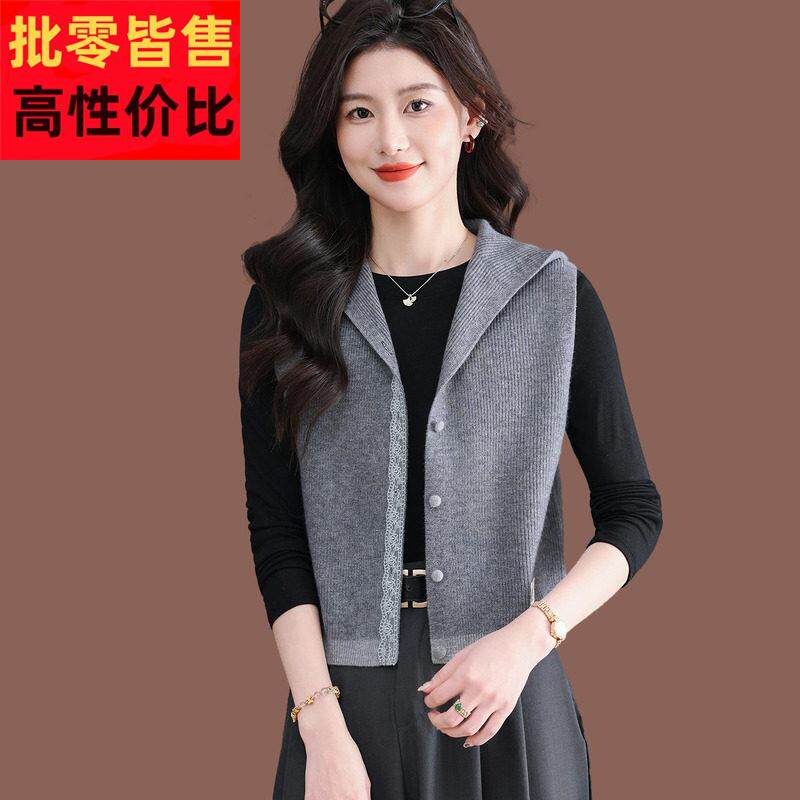 连帽针织马甲女春秋新款高腰外套气质配裙子短款无袖上衣羊毛开衫