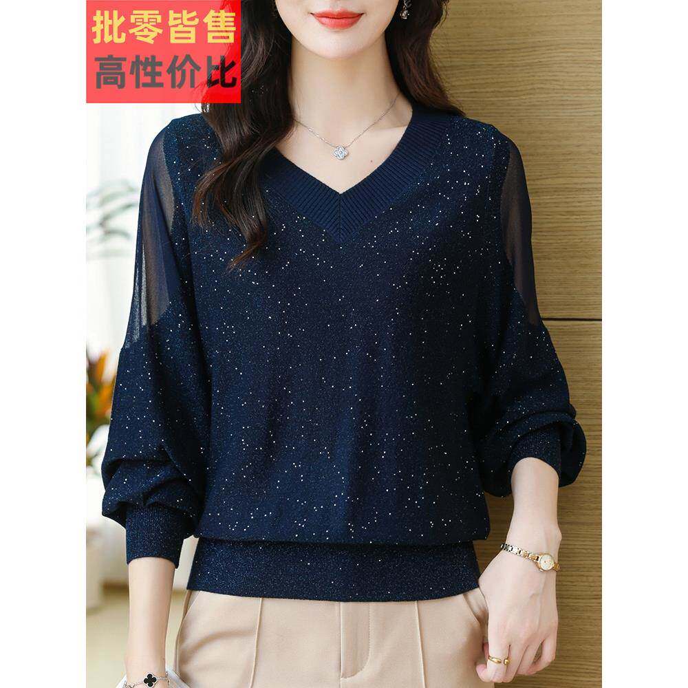 中年妈妈桑蚕丝t恤大码上衣女春夏装薄款洋气纱袖v领针织打底小衫