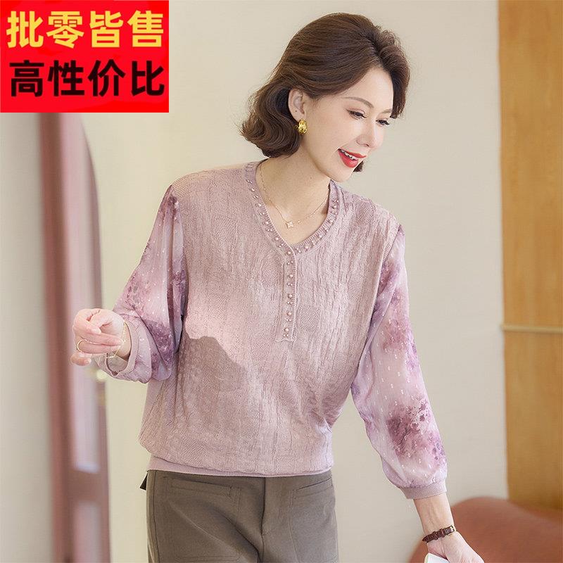 妈妈秋装洋派针织小衫中年女装夏装新款上衣服中老年春秋纱袖T恤