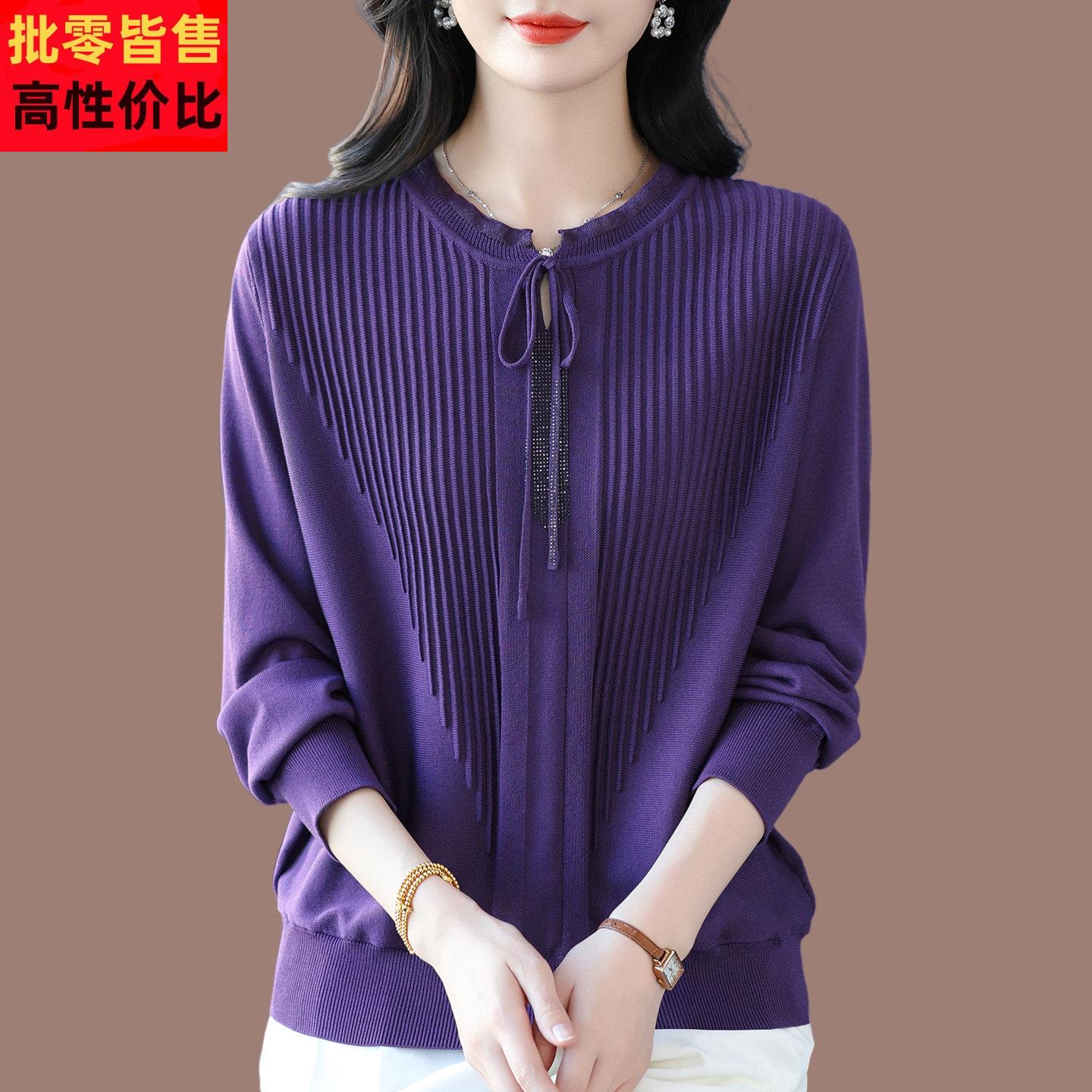 中老年妈妈短款洋派桑蚕长袖T恤女春装新款大尺码宽松蕾丝针织上
