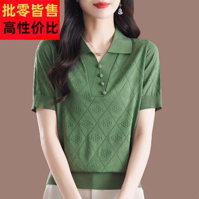 中年妈妈冰丝短袖T恤女2025夏季新款翻领洋气上衣大码针织体恤衫
