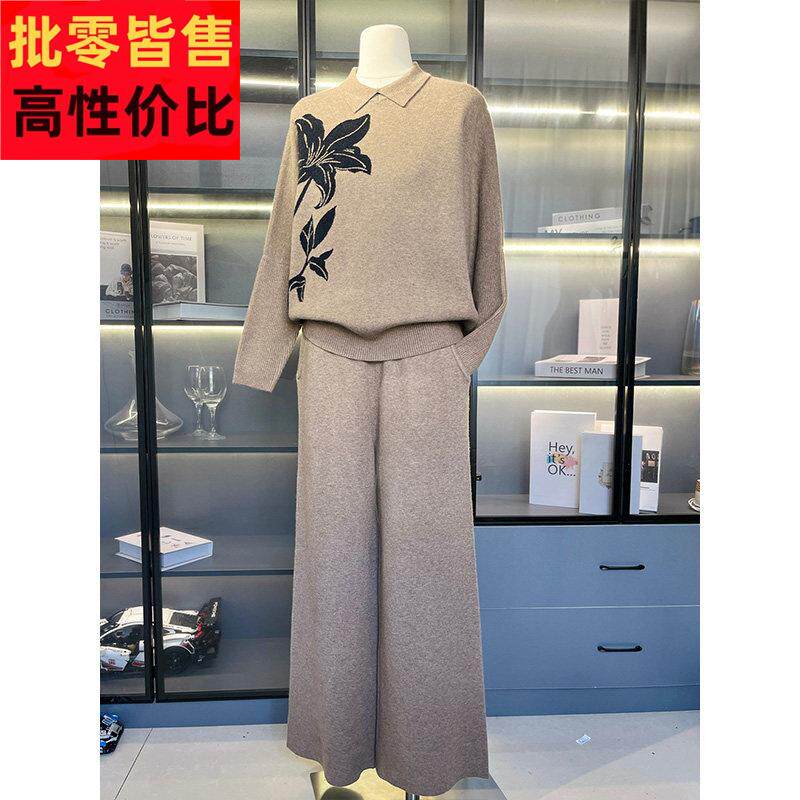 时尚休闲妈妈装针织套装女翻领春装新款气质百搭中老年毛衣两件套