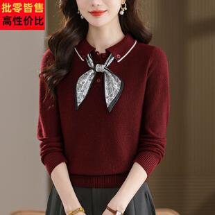 气质款红色翻领针织衫女长袖配精致丝巾领结优雅套头短款毛衣