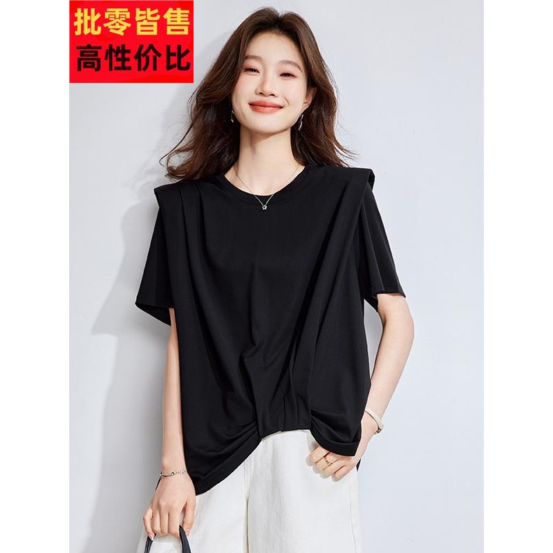 黑色短袖女士顶夏季薄无障碍豪华高端宽松设计小众丝绸桑蚕丝t恤
