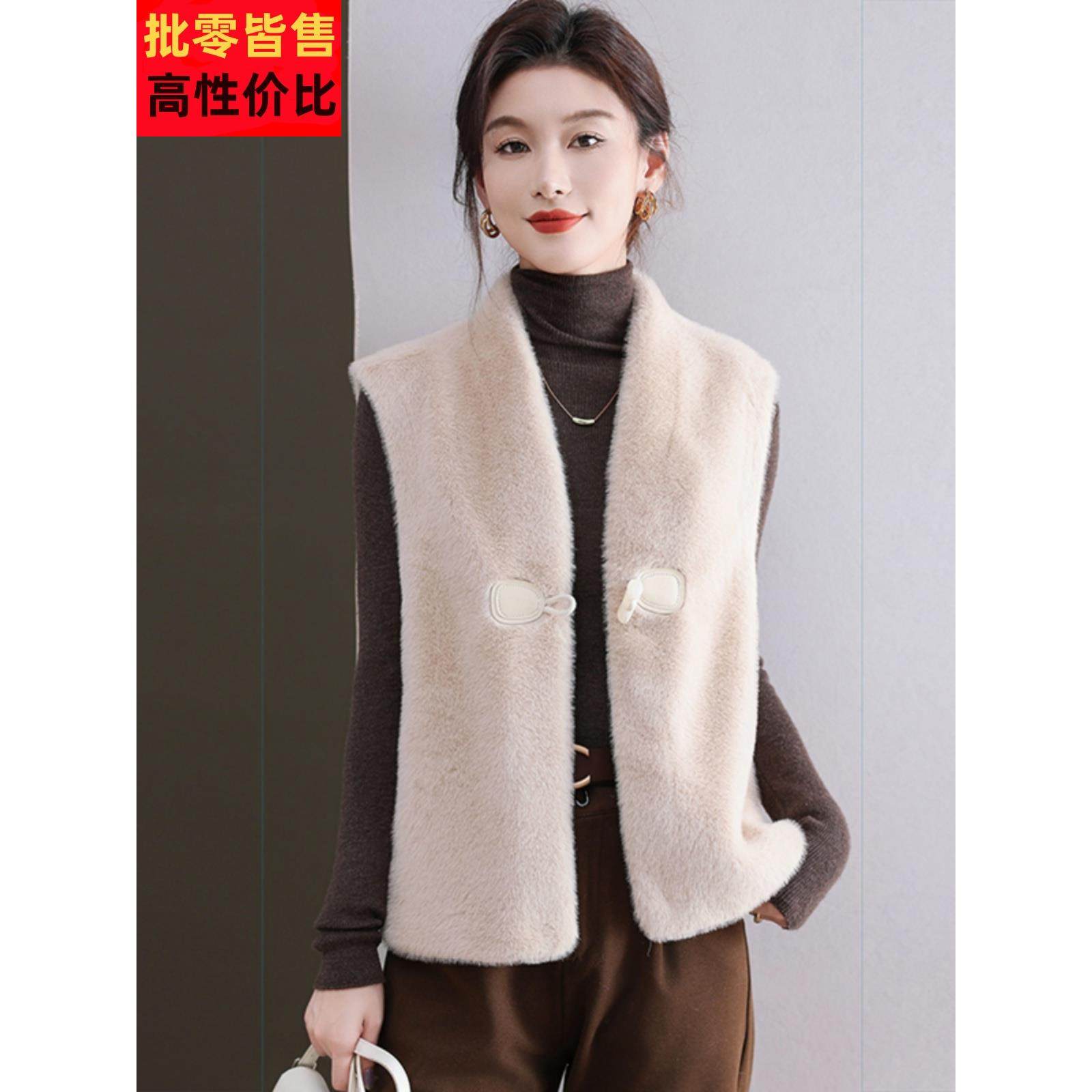 彷水貂绒女士保暖马甲背心秋冬季新中式外搭加绒加厚马夹中年妈妈
