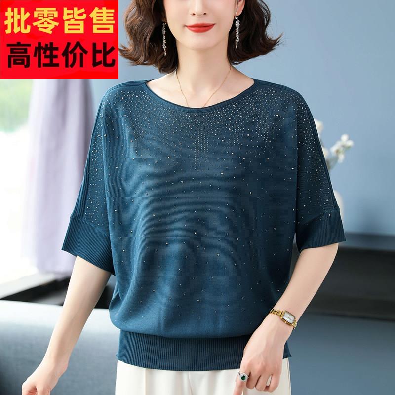 中老年妈妈装夏季桑蚕丝短袖T恤女宽松加肥大码遮肚薄款针织上衣