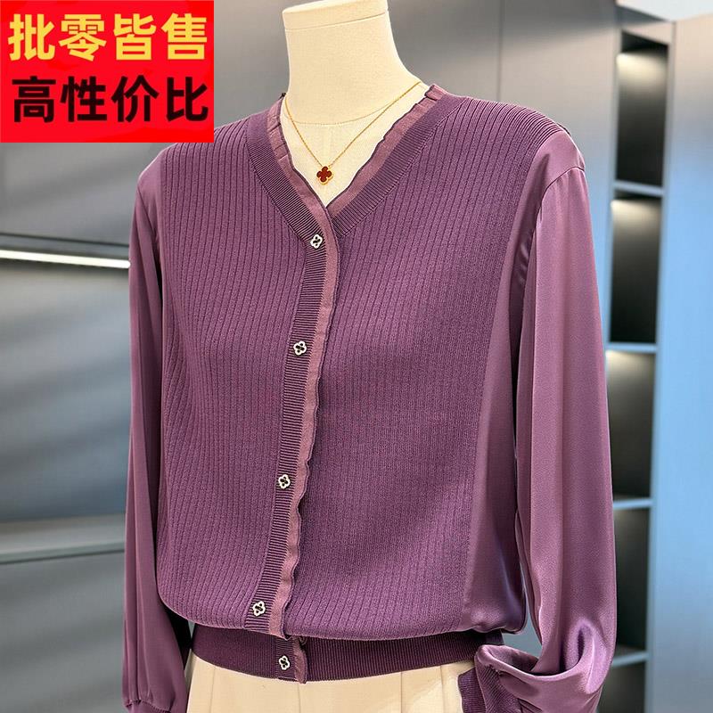 时尚休闲雪纺拼接针织衫女妈妈装春装新款减龄气质中年妇女打底衫