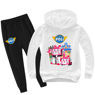 儿童春秋新款连帽卫衣套装男女卡通工具人变形警车纯棉两件套长衣