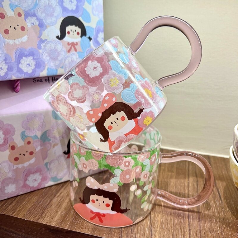 家用高硼硅耐高温玻璃杯子仙女喝水马克杯小清新印花牛奶果汁水杯