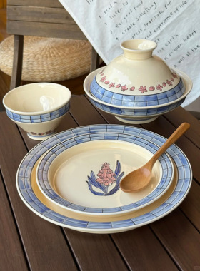 馨舒家柴烧风铃花陶瓷餐具套装家用法式釉下彩米饭碗面碗手绘菜盘