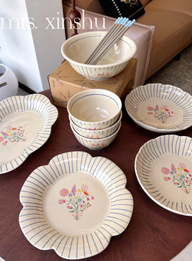 日式复古餐具套装高级感菜盘饭碗釉下彩家用盘子碗套装乔迁礼物