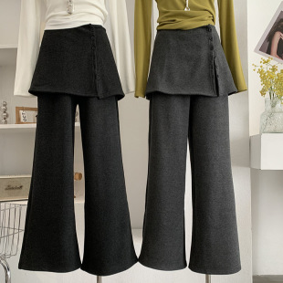 长裤 女加绒加厚纯色阔腿裤 潮 可拆卸真两件屁帘直筒裤 欧玛莱