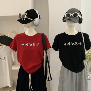 2026春季 上衣 新款 简约休闲圆领显瘦百搭刺绣短袖 6035 时尚 欧玛莱