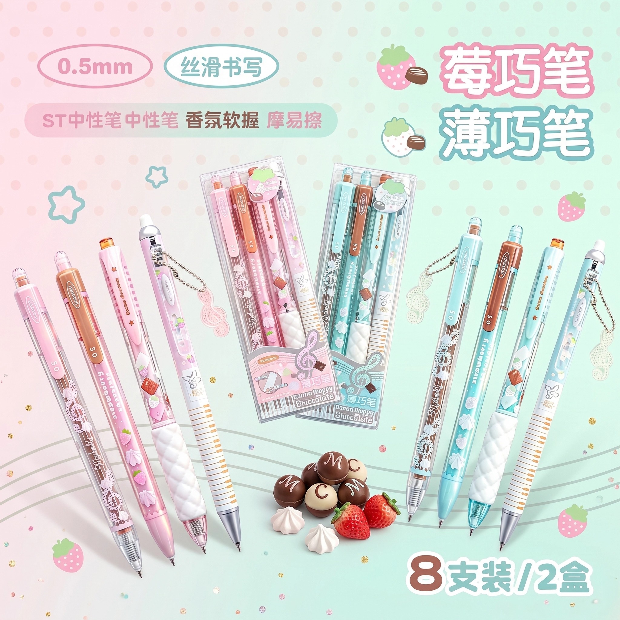 ROSYPOSY柔设0.5中性笔学生用按动速巧克力香味香氛软握莓白薄巧