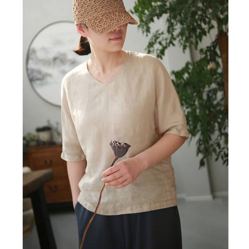 短袖亚麻宽松衬衫V领套头