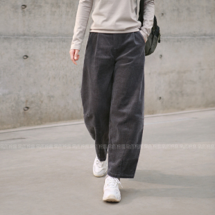 复古文艺 女休闲宽松灯笼裤 2026初春灯芯绒裤 子出口转内绿色萝卜裤