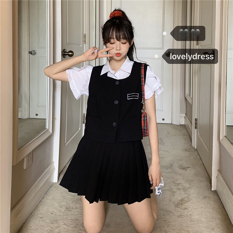 實拍日系班服三件套 小飛袖襯衫+百搭馬甲+學生百褶半身短裙