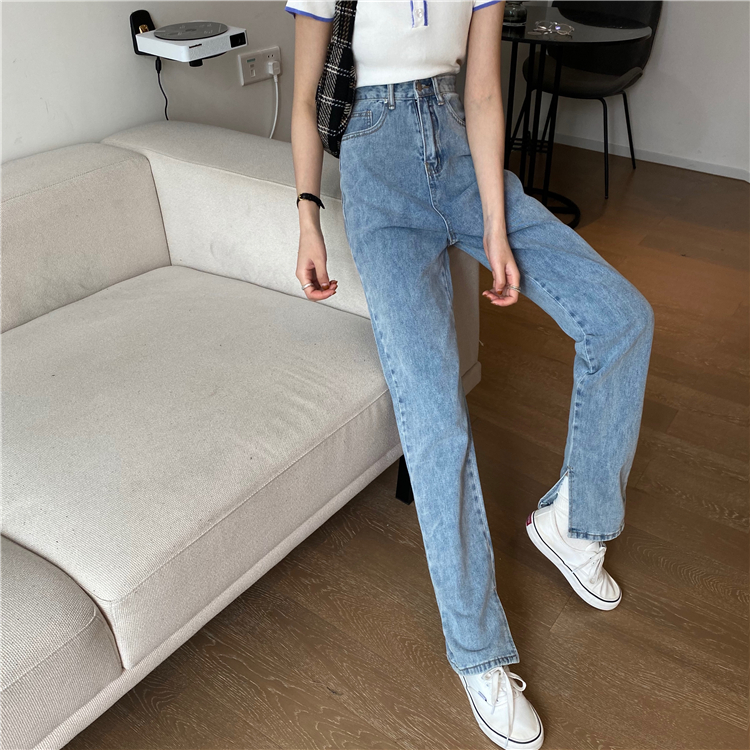 Real photo 2021 New Retro High Waist slim casual pants wide leg straight tube split jeans women