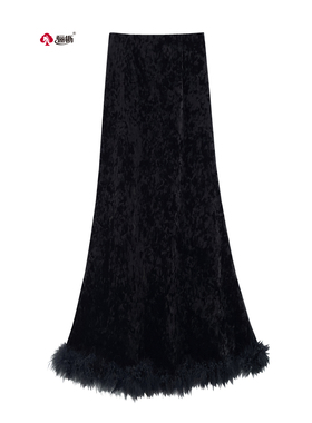 骊枥丝滑丝绒鱼尾裙 高腰显瘦蕾丝半身裙女秋冬 柔软鸵鸟毛长裙22