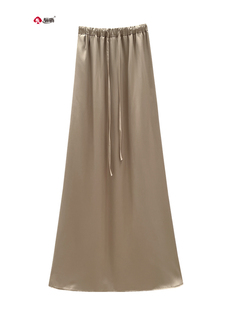 骊枥·LL8822 醋酸凉滑女半身裙夏高腰黑A字裙垂坠遮肉显瘦中长裙