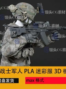 3dmax中国士兵服装3D模型头盔PLA部队QBZ191武器特警带绑定