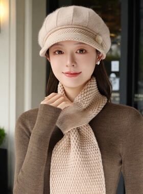 优雅毛线帽中老年女士针织贝雷帽围巾两件套冬季加厚保暖护耳妈妈
