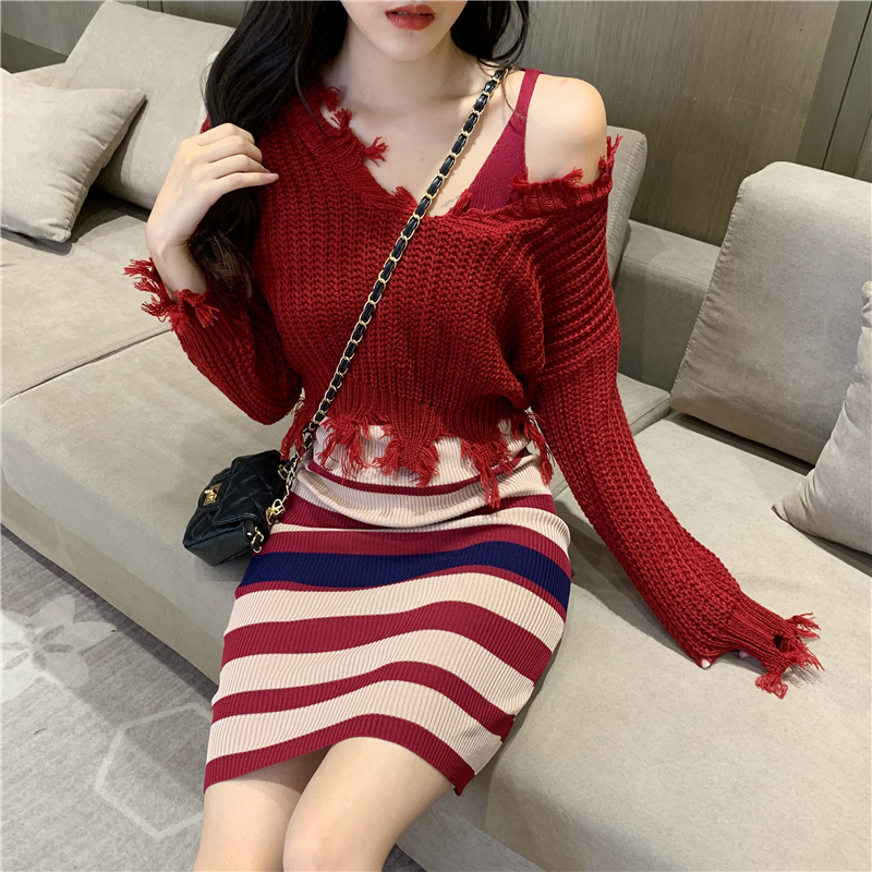 Real shot real price Korean tassel hole knitted sweater suspender stripe medium length buttock dress suit